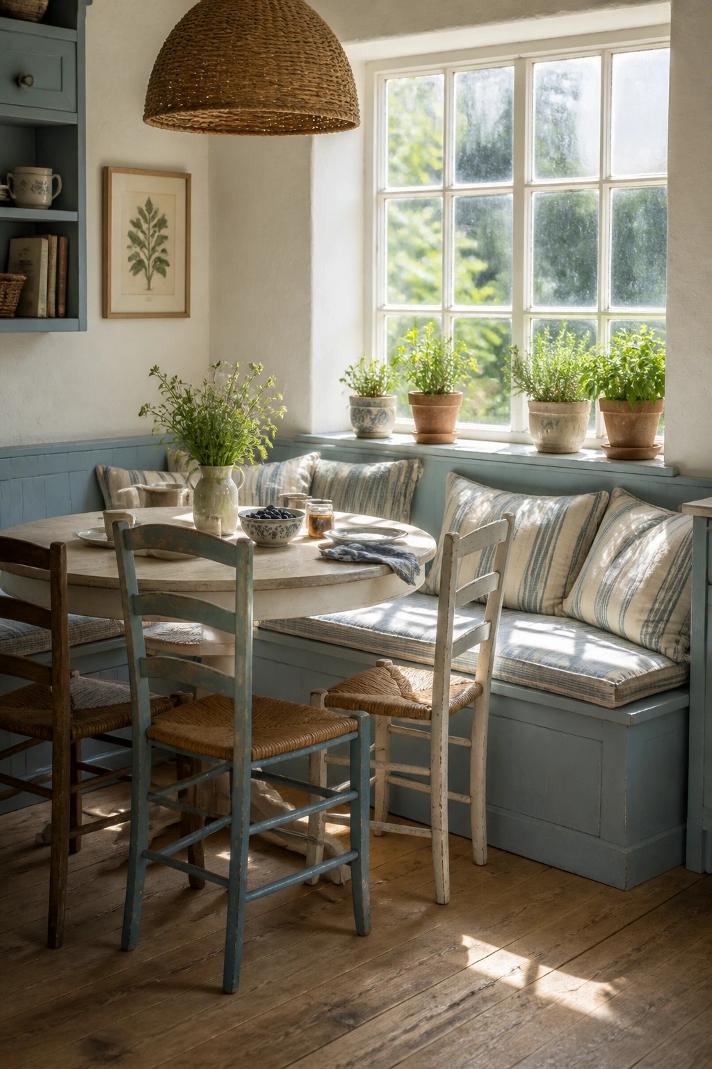 Soft blue gray wainscoting and chairs in a sunlit dining area with a built-in bench.