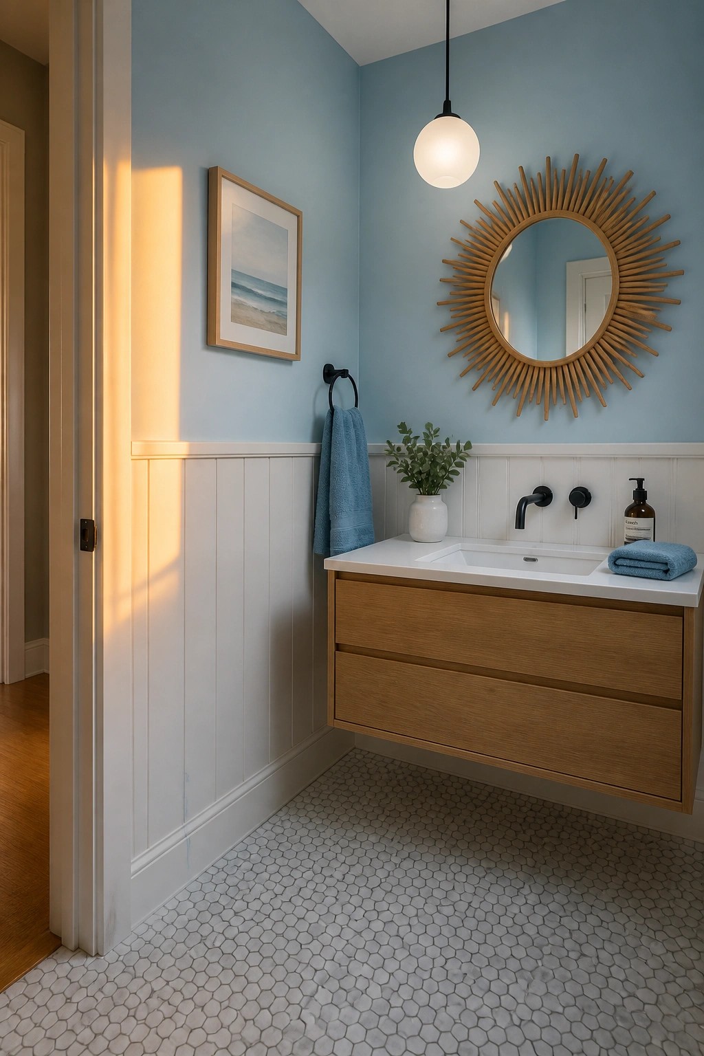 Bathroom walls painted soft blue above white wainscoting with a wood vanity below.