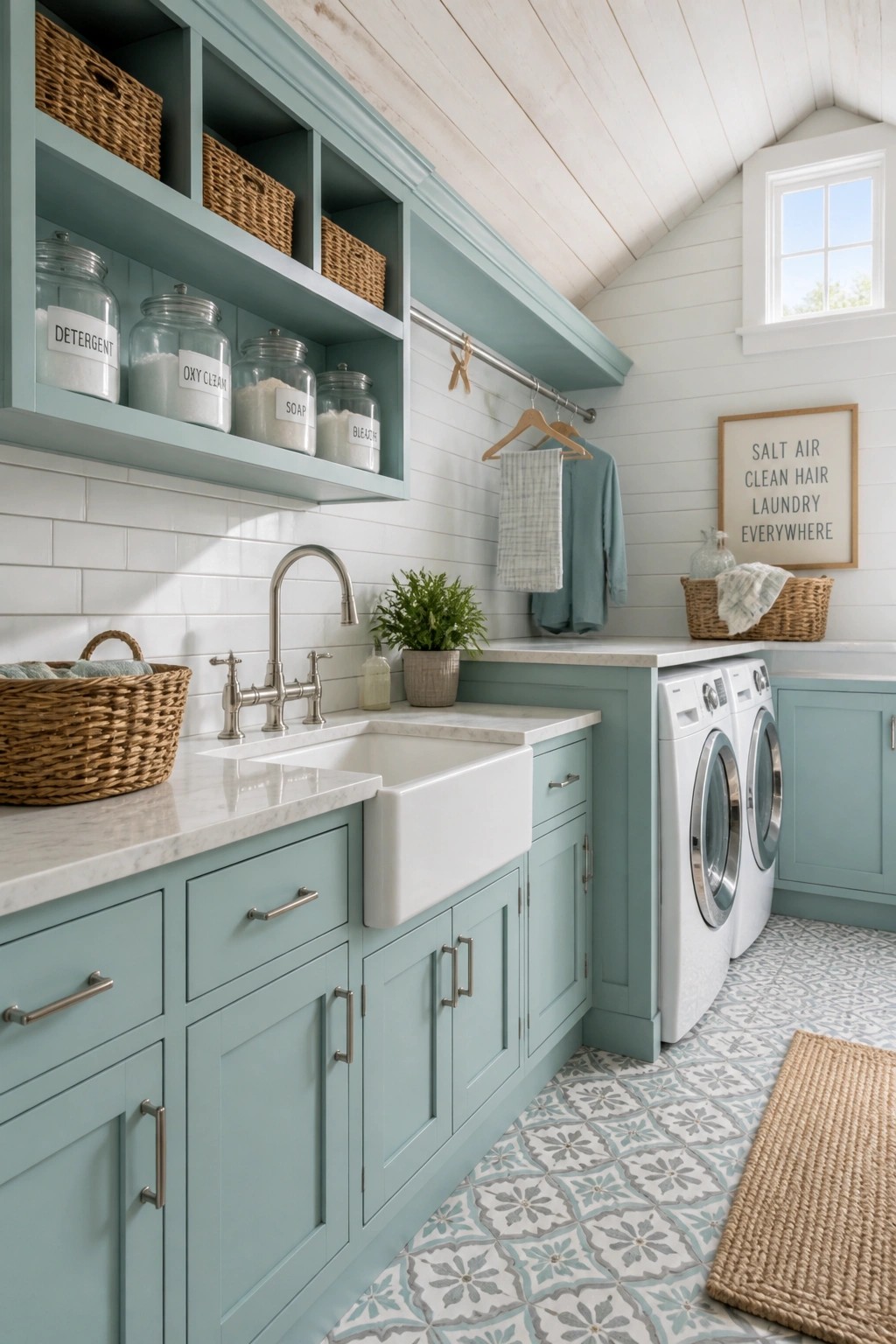 Seafoam laundry room with white farmhouse sink, open shelves, and washer-dryer set