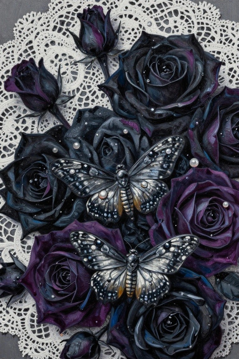 Dark roses and pearl-adorned skull butterflies on white lace doily