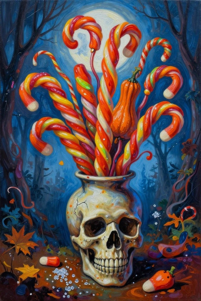 Skull vase brimming with twisted candy canes and pumpkin in moonlit forest