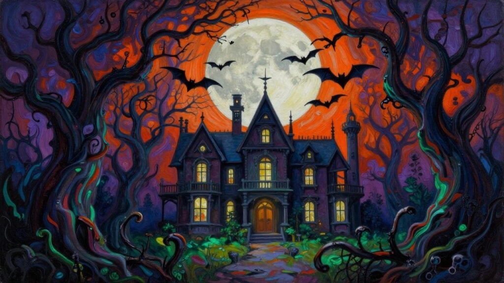 Haunted purple mansion glowing orange under full moon, framed by twisted trees and bats