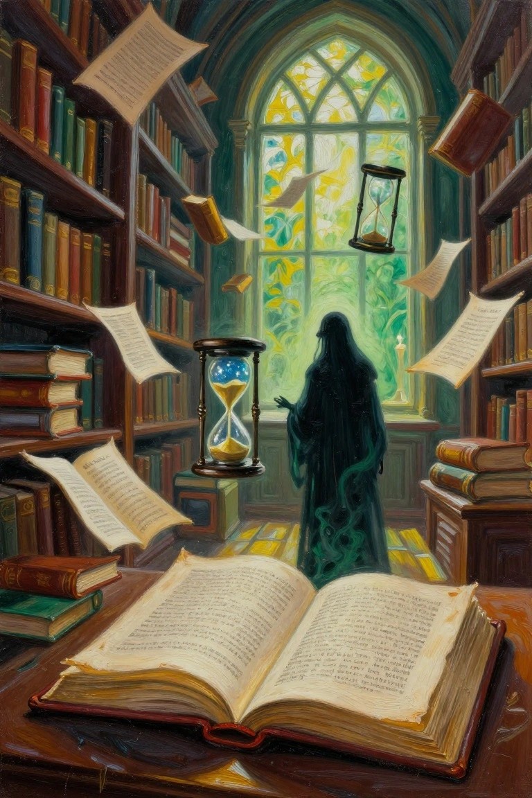 Hooded figure in dark cloak amid floating books and hourglasses in glowing library
