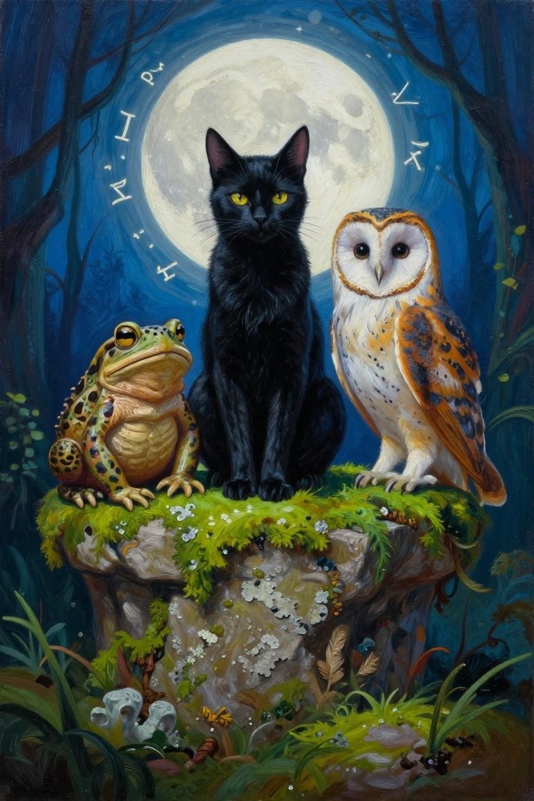 A black cat sits between a spotted frog and a barn owl on a mossy rock under a full moon in a dark forest with faint symbols near the moon.
