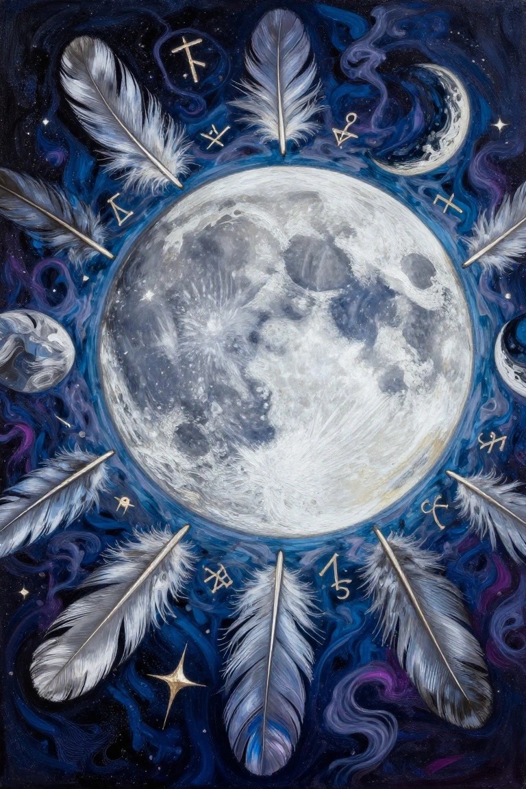 Large full moon encircled by feathers and golden astrological symbols in swirling cosmos