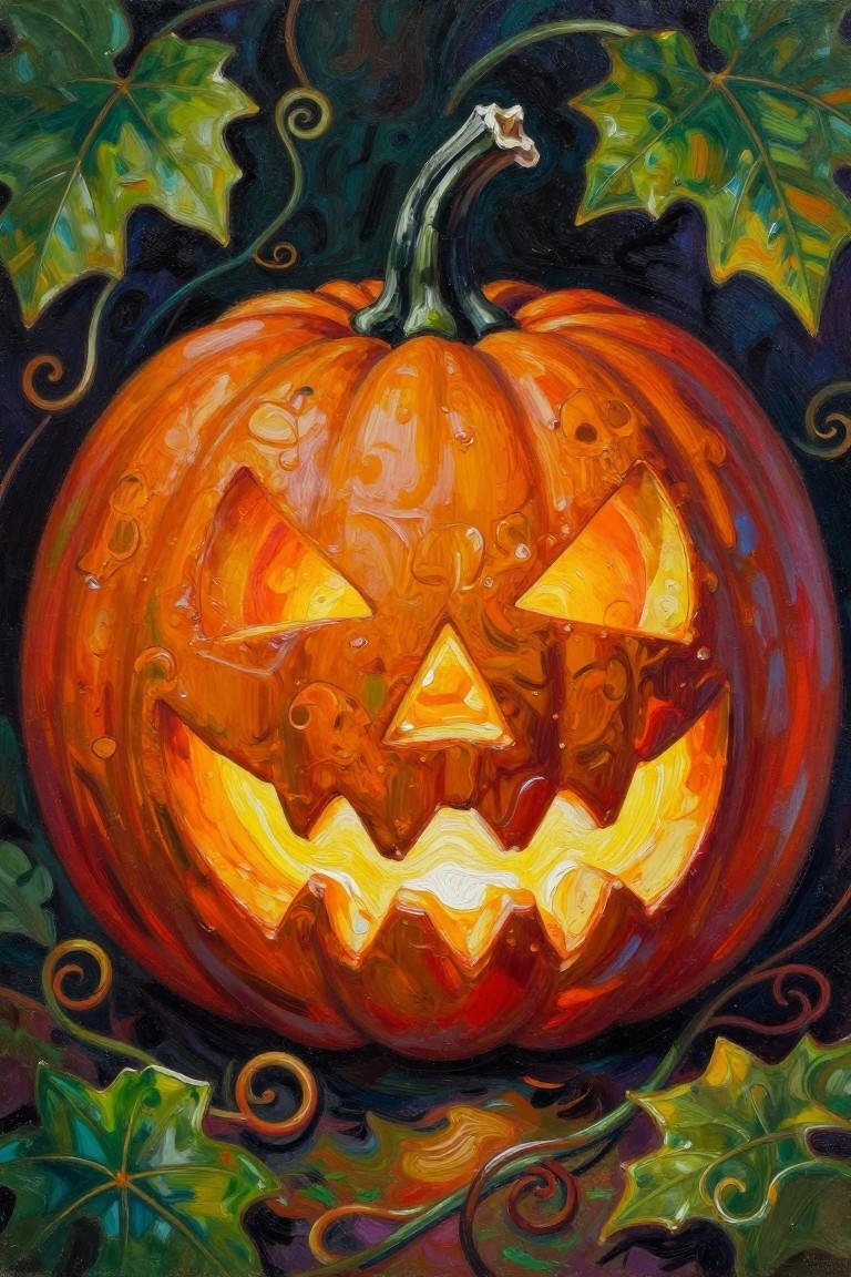 Glowing orange jack-o'-lantern with carved face amid green ivy leaves and vines