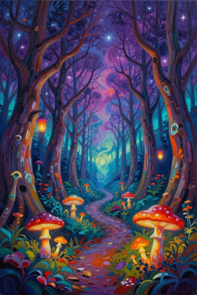 Magical forest path with glowing mushrooms, lanterns, and swirling starry purple sky