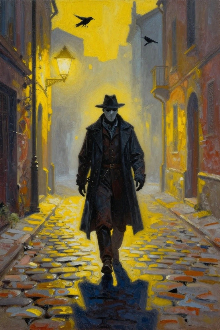 Masked man in hat and dark coat walks yellow-lit cobblestone street with birds.
