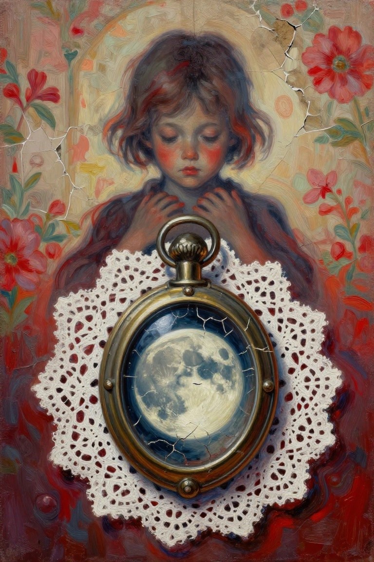 Child behind cracked moon pocket watch on lace doily amid red flowers and cracked fresco