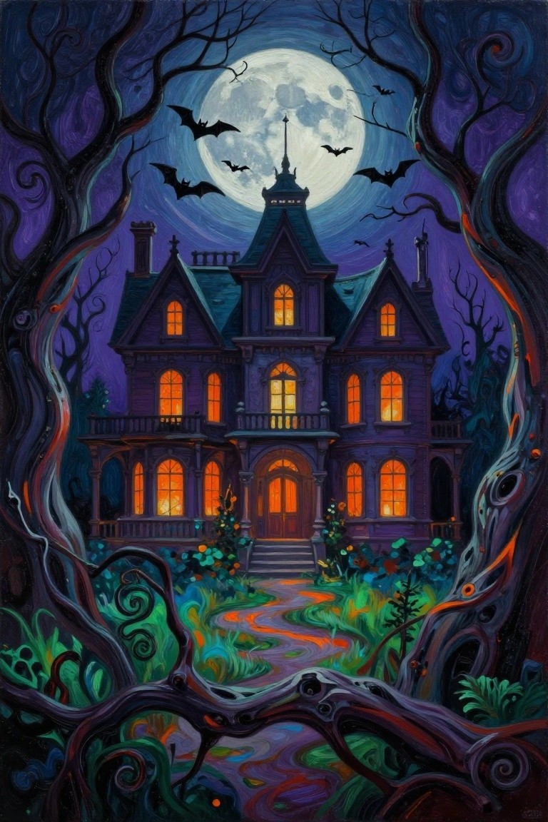 Haunted purple mansion glowing orange under full moon, framed by twisted trees and bats