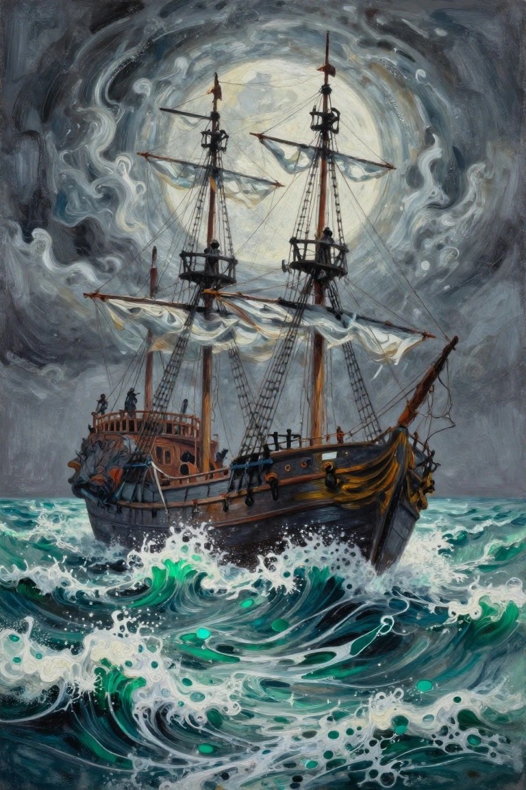 Sailing ship with tattered sails battling stormy waves under a glowing full moon.