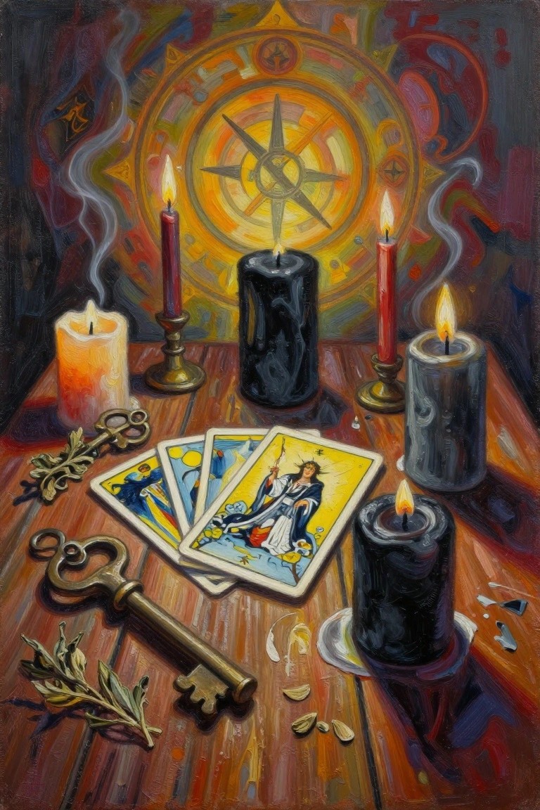 Tarot cards, flickering candles, and antique keys on wooden table with vibrant mandala backdrop