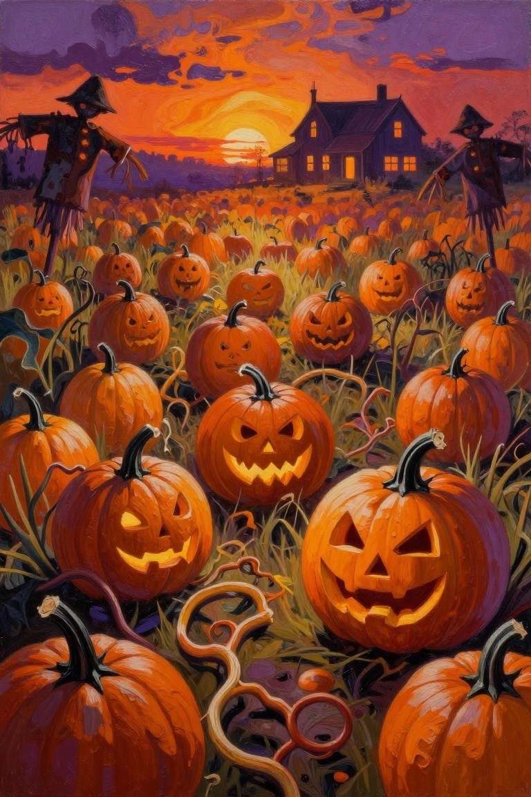 Glowing jack-o'-lanterns fill a field with scarecrows under a colorful sunset sky.