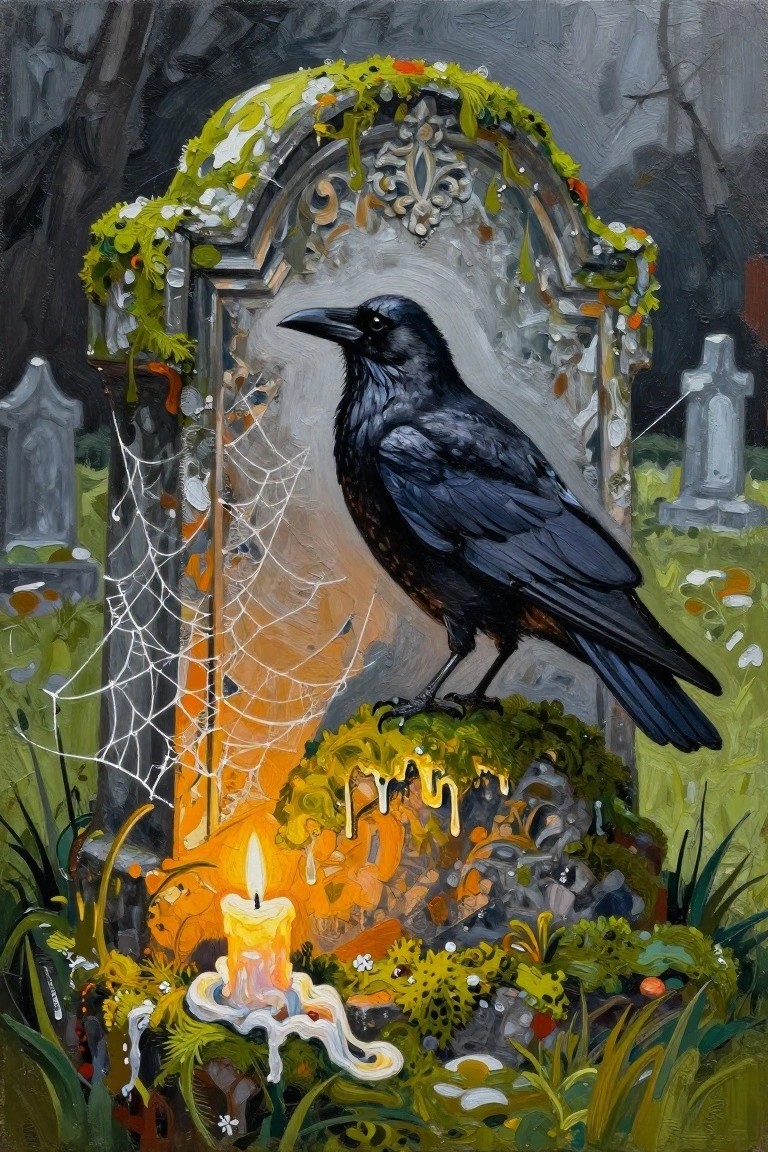 Black raven perched on mossy gravestone with spiderweb and lit candle below