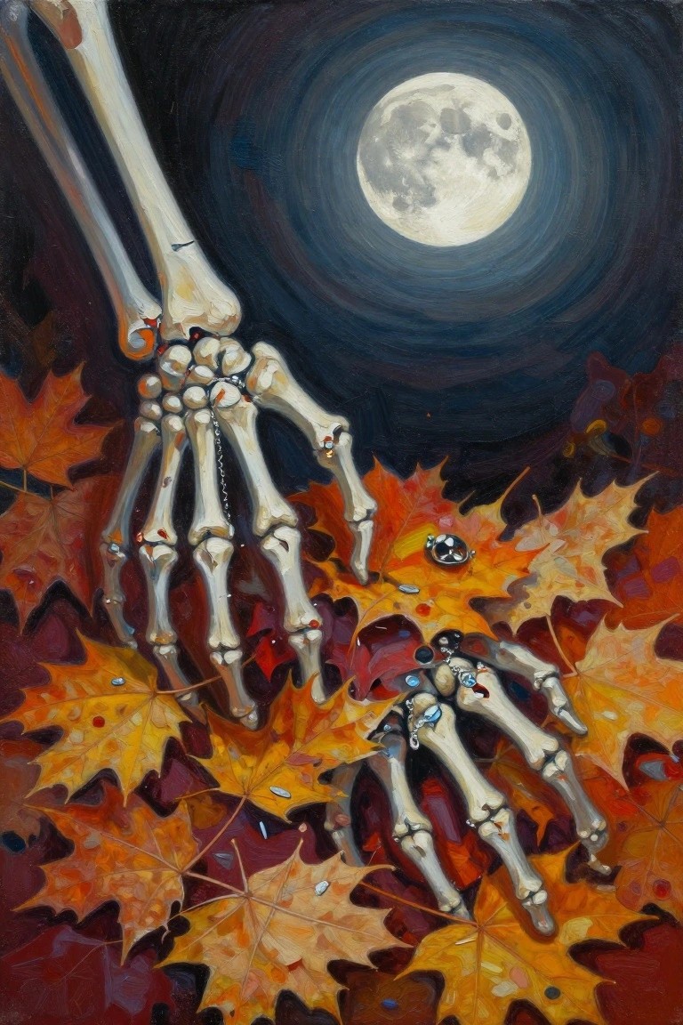 A painting of two skeletal hands with rings and chains among orange autumn leaves under a large full moon in a dark sky.