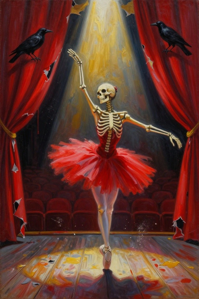 A skeleton ballerina in a red tutu stands on a wooden stage under a bright spotlight with two black crows on torn red curtains.