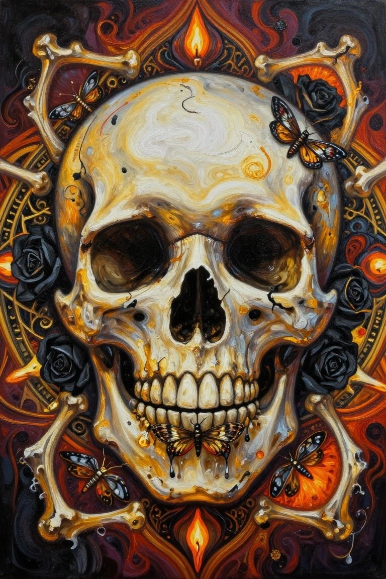 A painting of a large skull surrounded by crossed bones, black roses, butterflies, and small flame details on a dark ornate background.