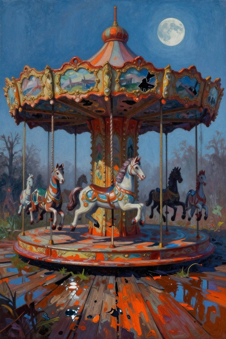 Damaged ornate carousel with horses under full moon on dilapidated wooden deck at night