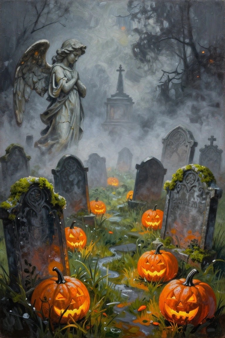 Eerie graveyard with angel statue, glowing jack-o'-lanterns, and mossy tombstones in fog