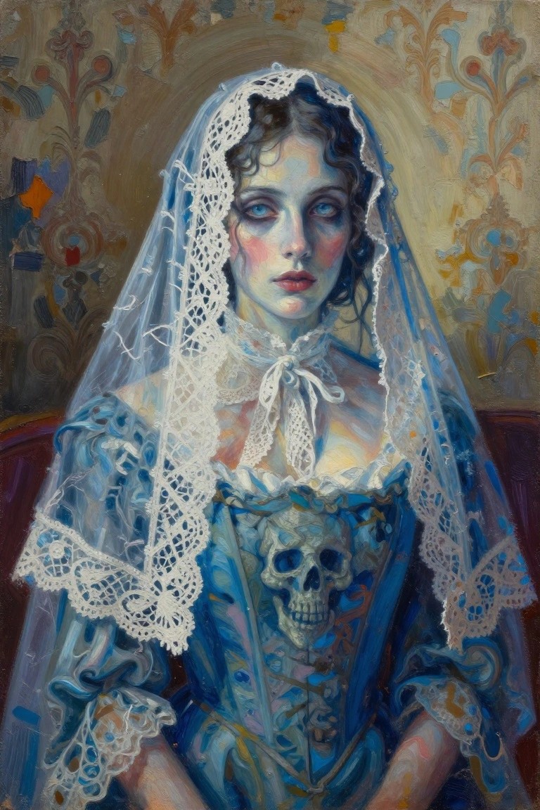 Woman in blue lace gown with skull on bodice and white veil