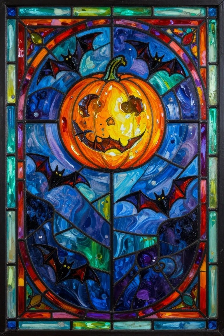Stained glass window with glowing jack-o'-lantern pumpkin and bats in colorful swirls