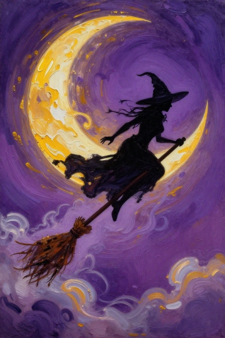 Silhouetted witch on broom flies before glowing yellow crescent moon in purple sky.