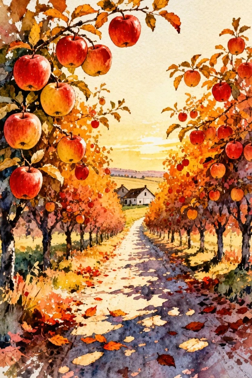 A watercolor painting of an autumn apple orchard with red apples on trees lining a leaf-covered path leading to a house under a golden sky.