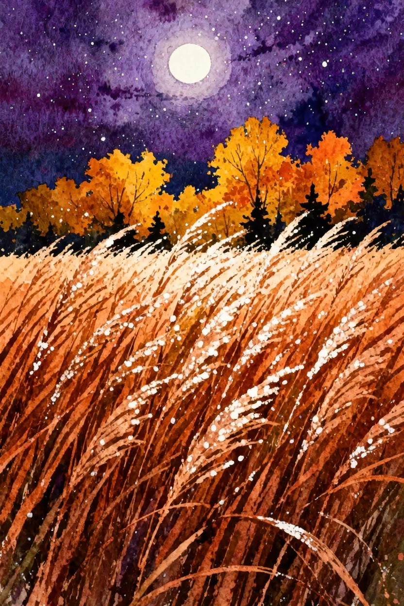 Watercolor of full moon above autumn trees and dew-covered golden grass field
