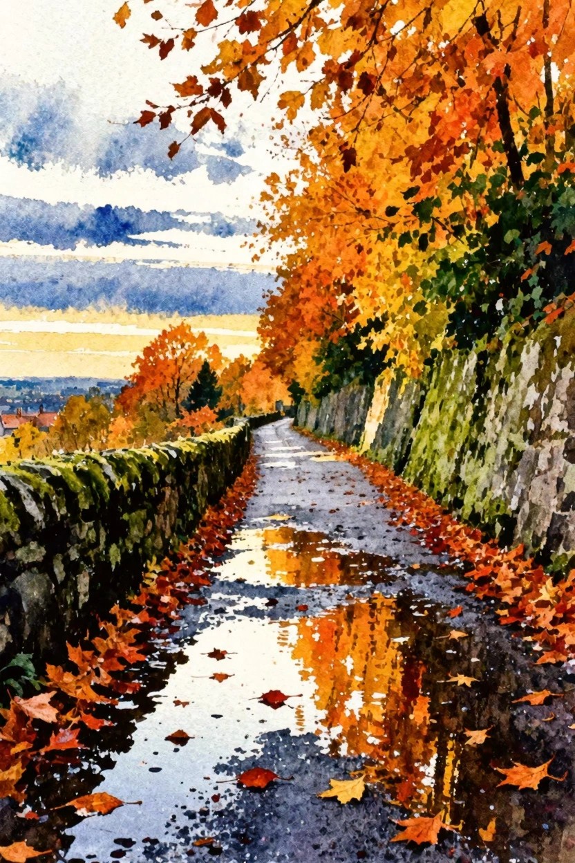 Watercolor of autumn path lined with mossy stone walls and vibrant orange leaves reflecting in puddles.