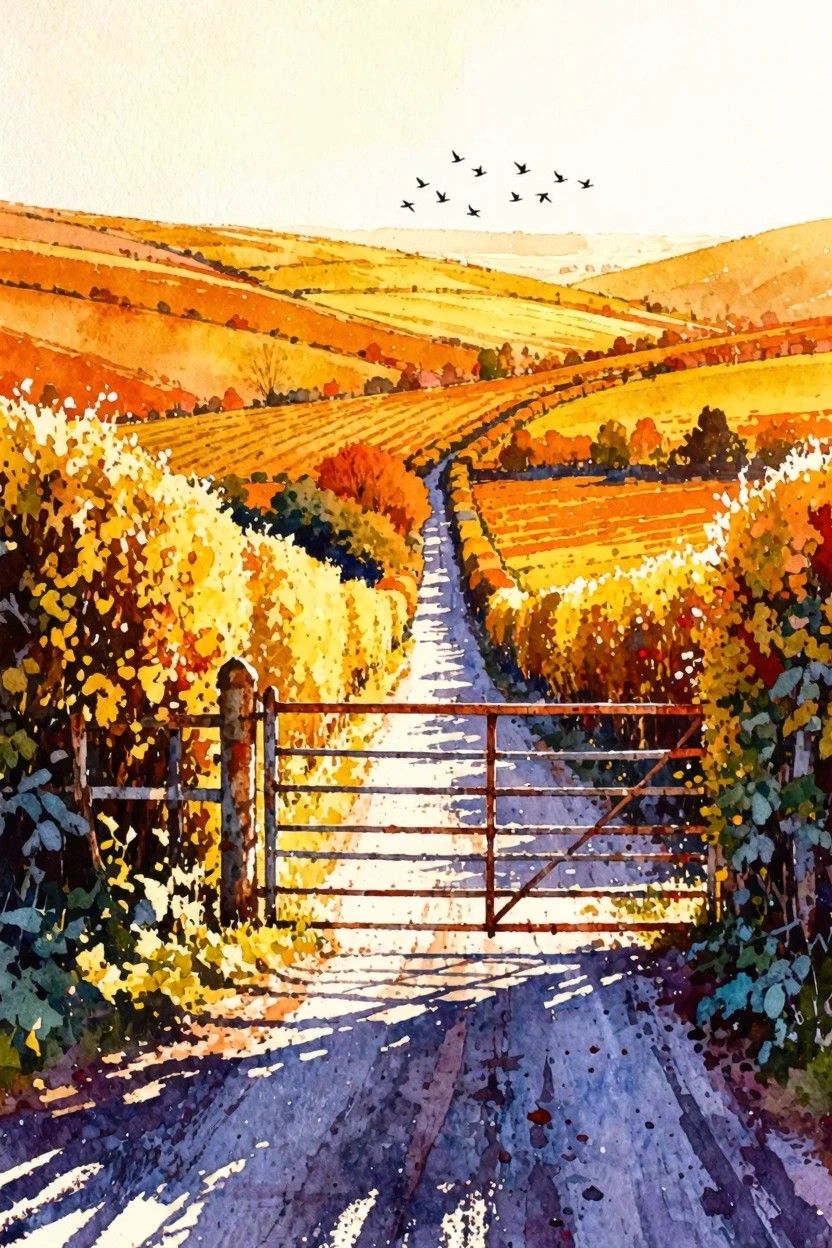 Watercolor of sunlit rural path with metal gate amid golden autumn fields and hills.