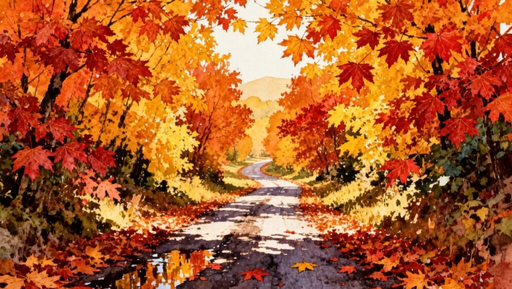 23 Warm Autumn Landscape Painting Ideas for Seasonal Color Practice Winding road through autumn forest with vibrant maple leaves and reflective puddle