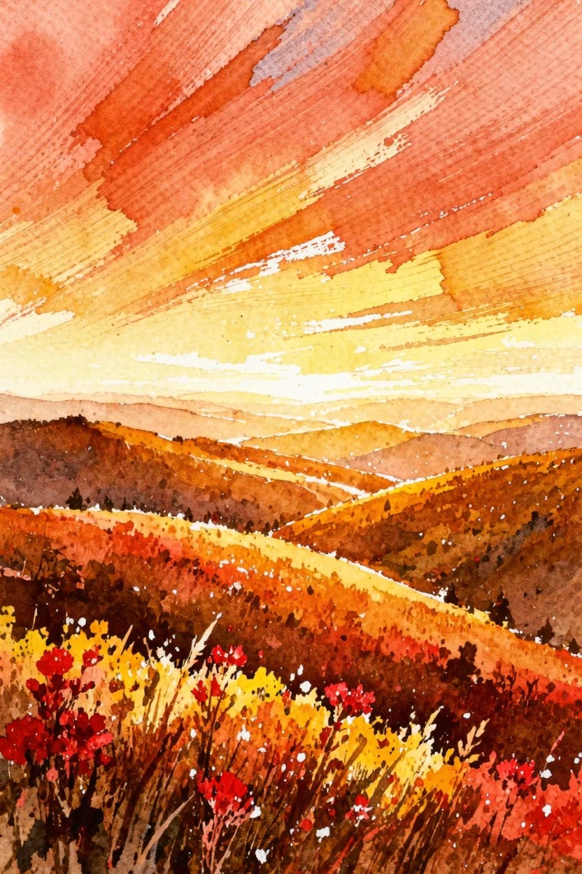 Watercolor of rolling hills under vibrant orange sunset sky with red wildflowers.
