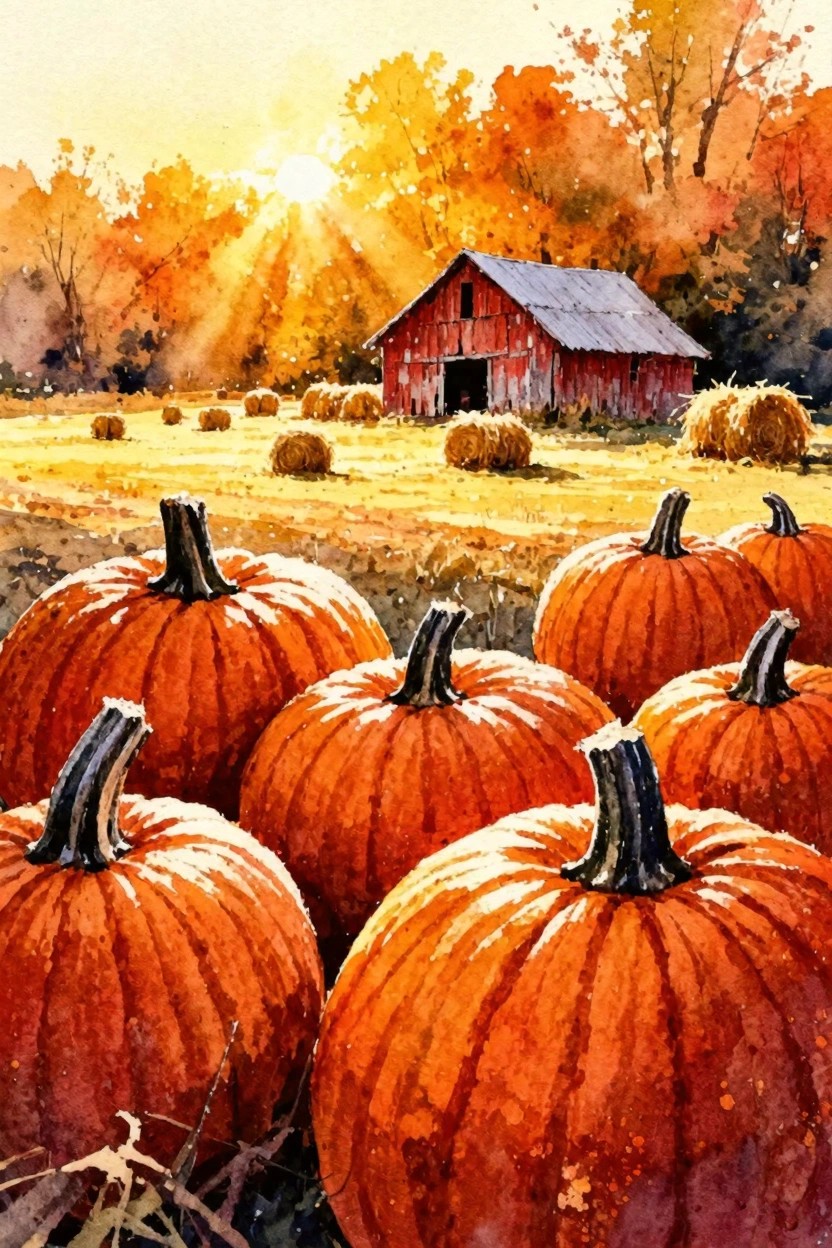 Watercolor of orange pumpkins, hay bales, red barn, and autumn sunset