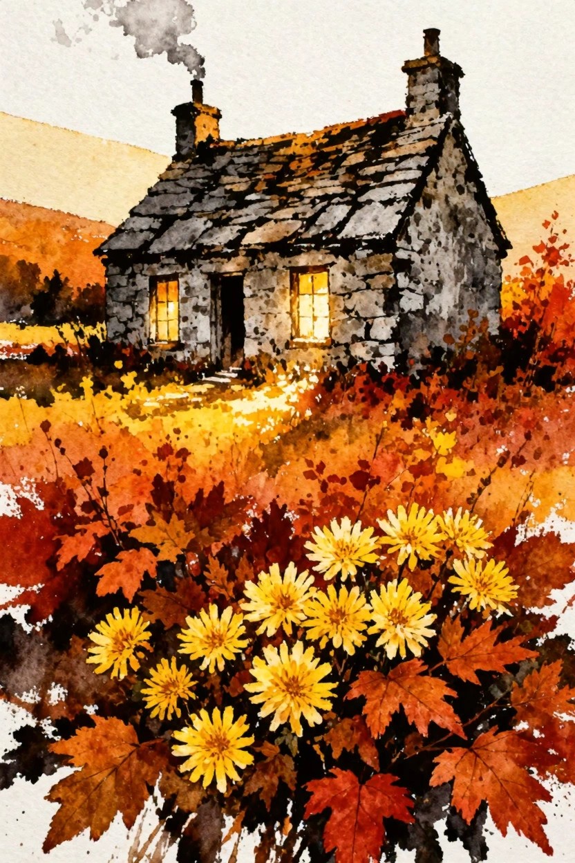 Watercolor of stone cottage amid red autumn leaves and yellow flowers with glowing windows