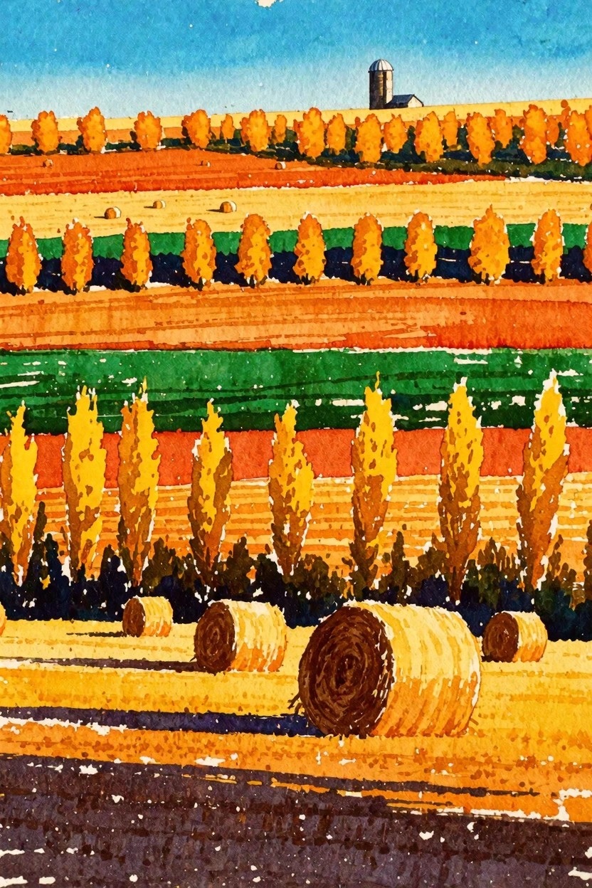 Vibrant watercolor of colorful striped fields, hay bales, trees, and distant silo.