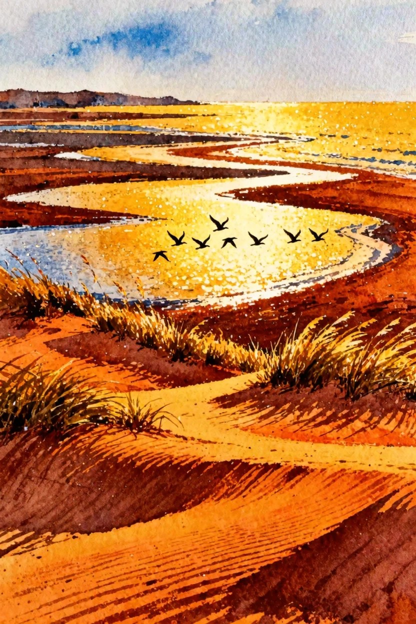 Watercolor of winding golden stream with birds flying over orange marshy fields at sunset.