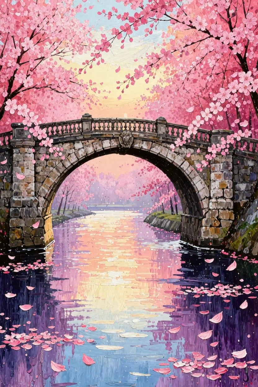 Stone bridge over river amid pink cherry blossoms with floating petals at sunset