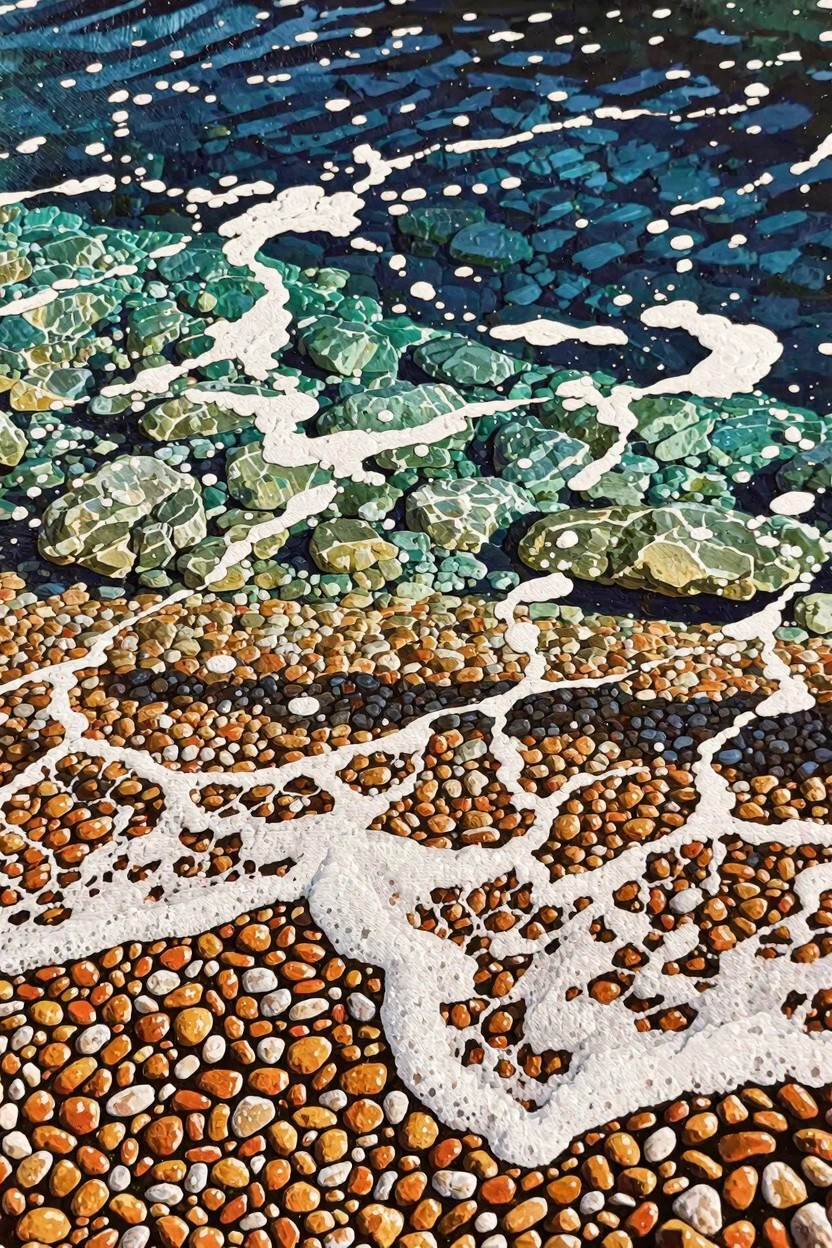 Textured painting of white ocean foam over vibrant multicolored pebbles.