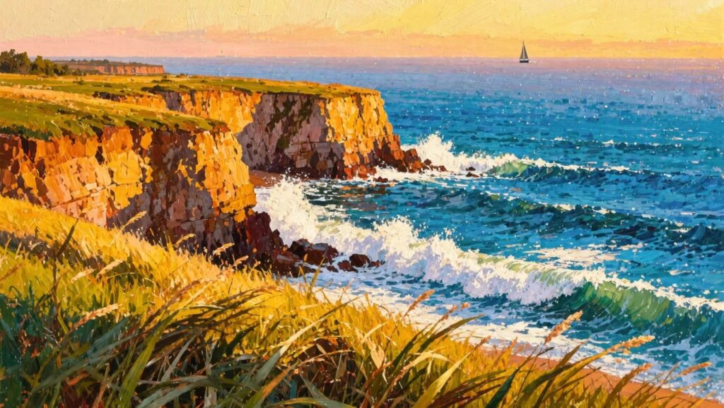 24 Beautiful Acrylic Landscape Painting Ideas for Fresh Practice Sessions Vibrant painting of sunset cliffs, crashing waves, and distant sailboat