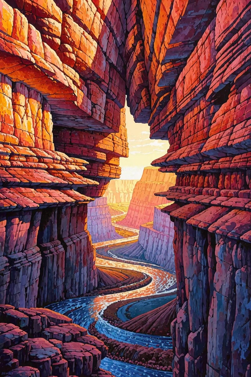 Stylized colorful view of winding river through towering red-orange layered canyon cliffs at sunset