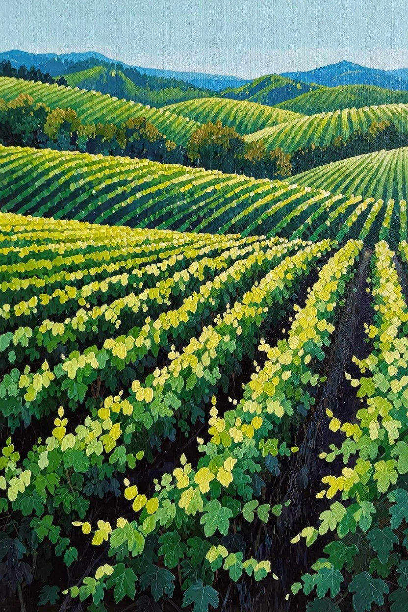 Vibrant painting of rolling green and yellow vineyard hills with distant mountains