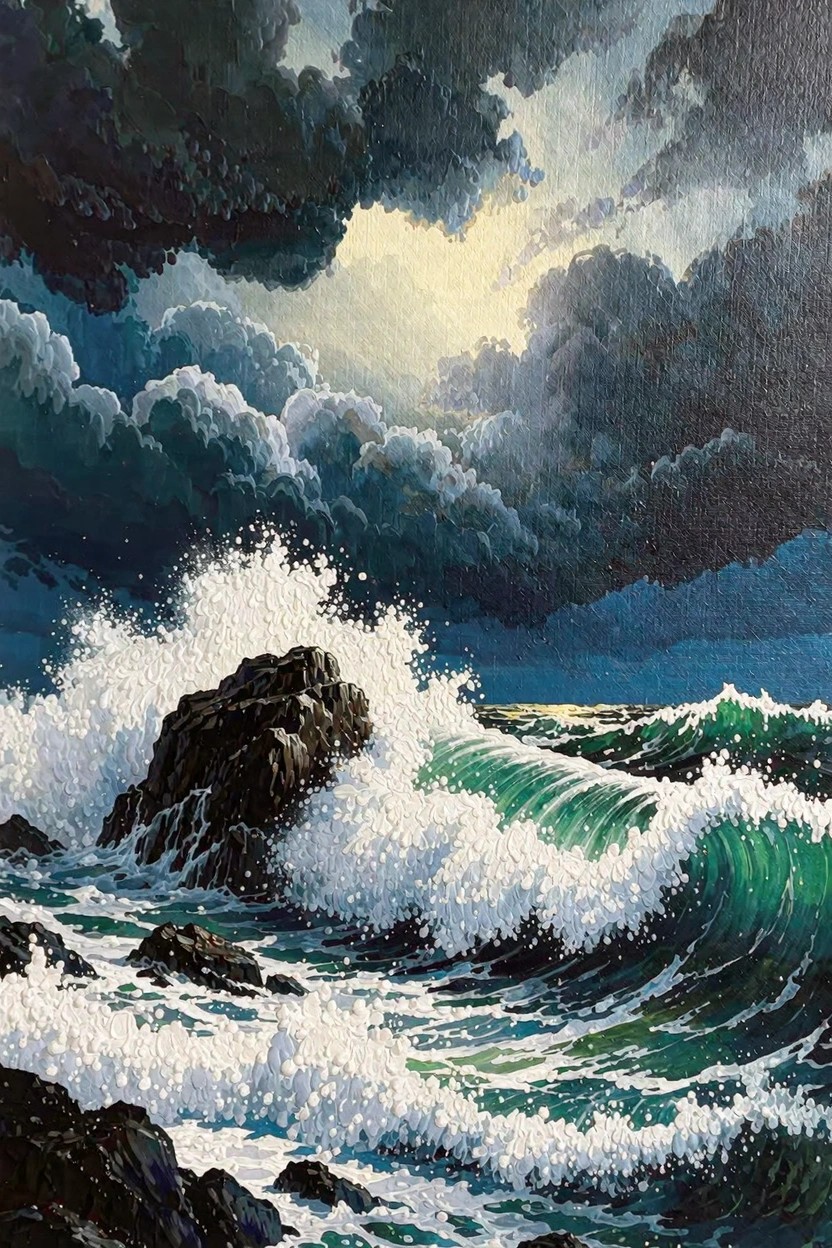 Stormy seascape with crashing waves, white foam, dark clouds, and rocky outcrops.