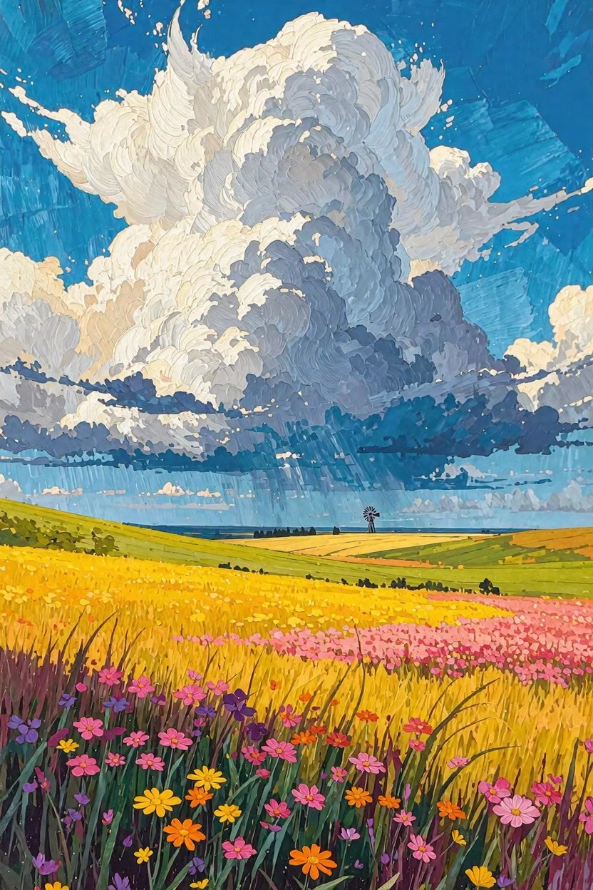 Vibrant flower fields beneath dramatic stormy clouds with distant windmill