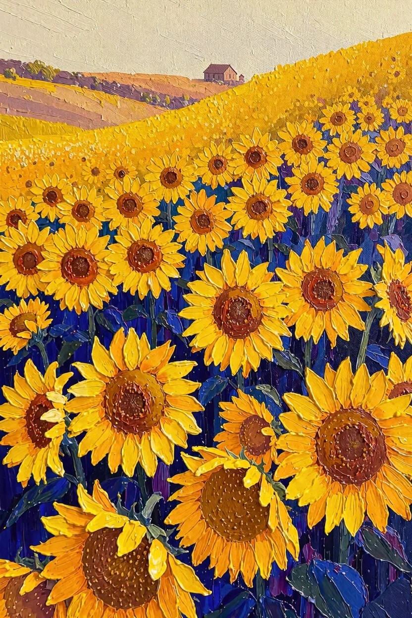 Vibrant impasto painting of yellow sunflowers in a blue-shadowed field with distant house