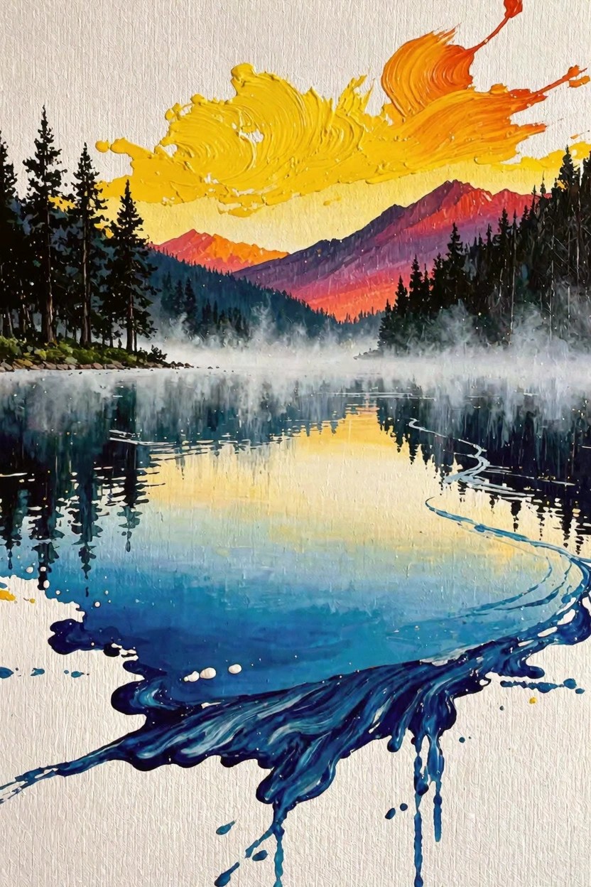 A painting of a misty lake at sunset with colorful sky reflections, dark pine trees, and mountains.