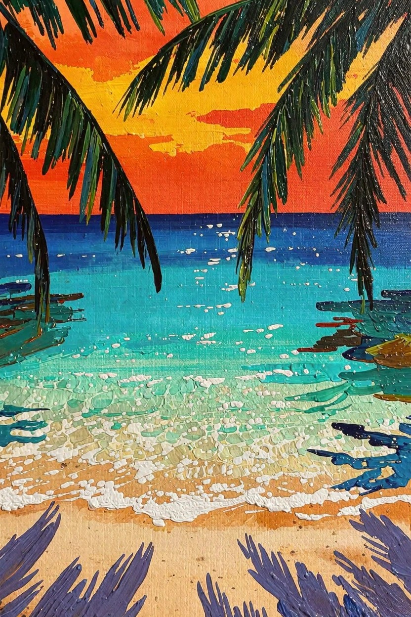 Vibrant painting of sunset beach with palm trees and turquoise waves.