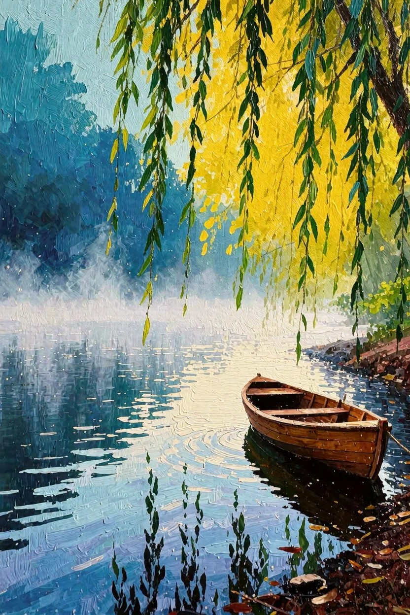 Wooden rowboat on misty blue lake under yellow-green willow branches