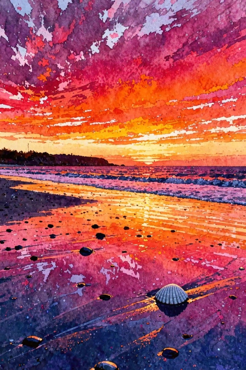 Vibrant watercolor sunset over ocean beach with seashell on wet sand