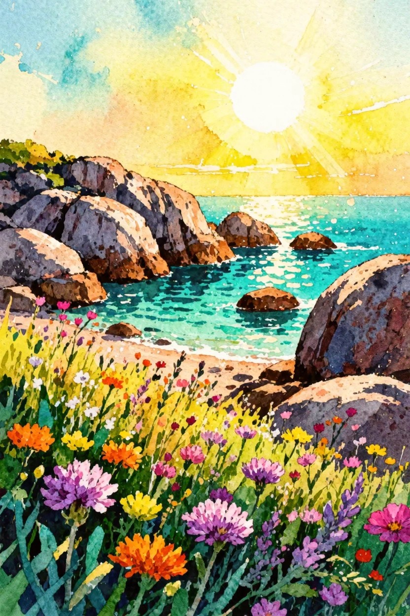 Sunlit watercolor seascape with rocky cliffs, turquoise waves, and colorful wildflowers.