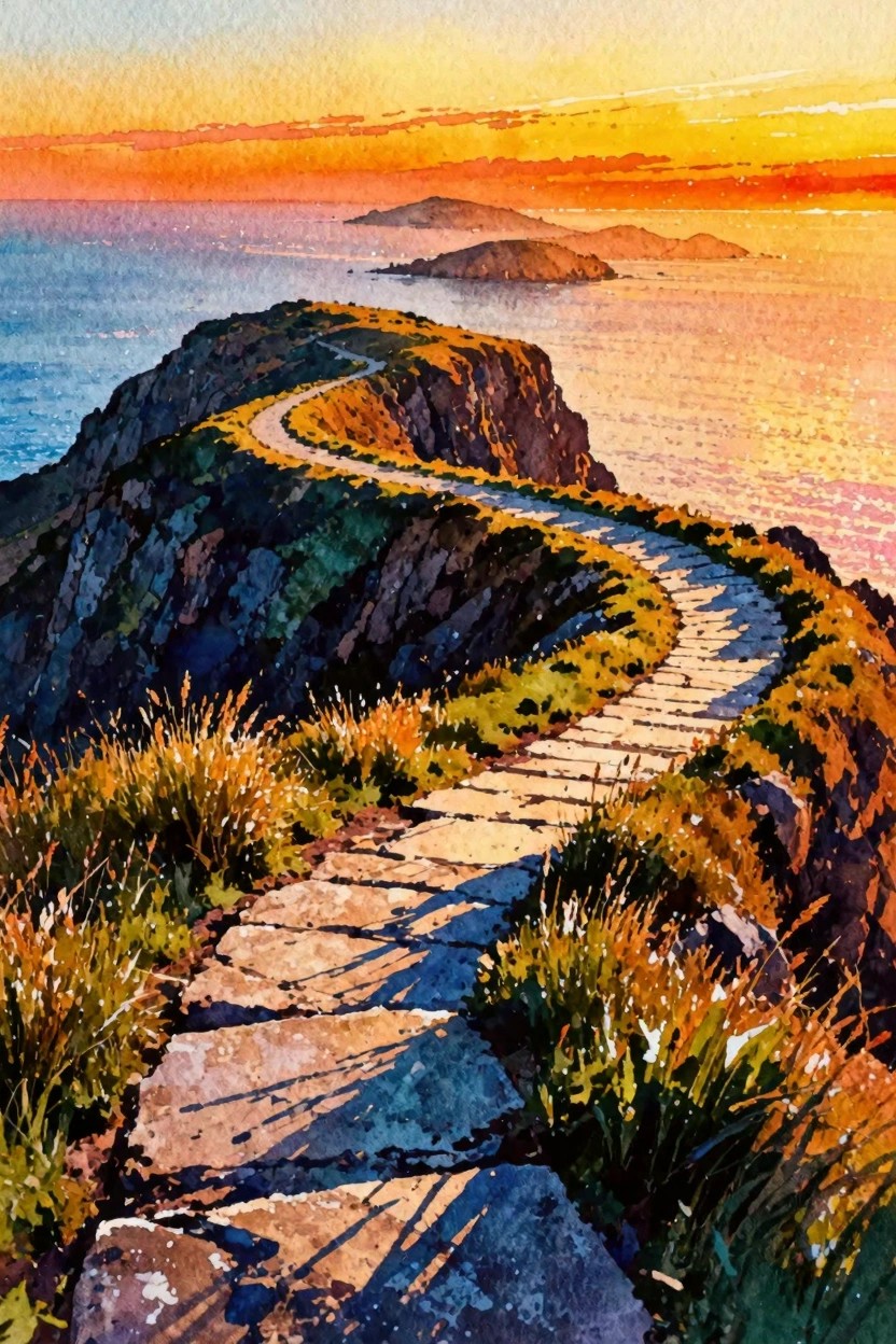 Winding stone path along grassy cliff overlooking ocean and islands at sunset.